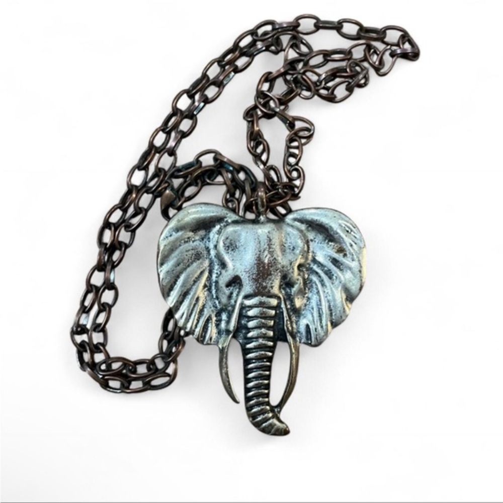Long silver chunky boho Elephant Pendant Necklace